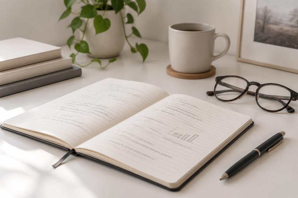 Caderno aberto com notas de trabalho, óculos e caneta