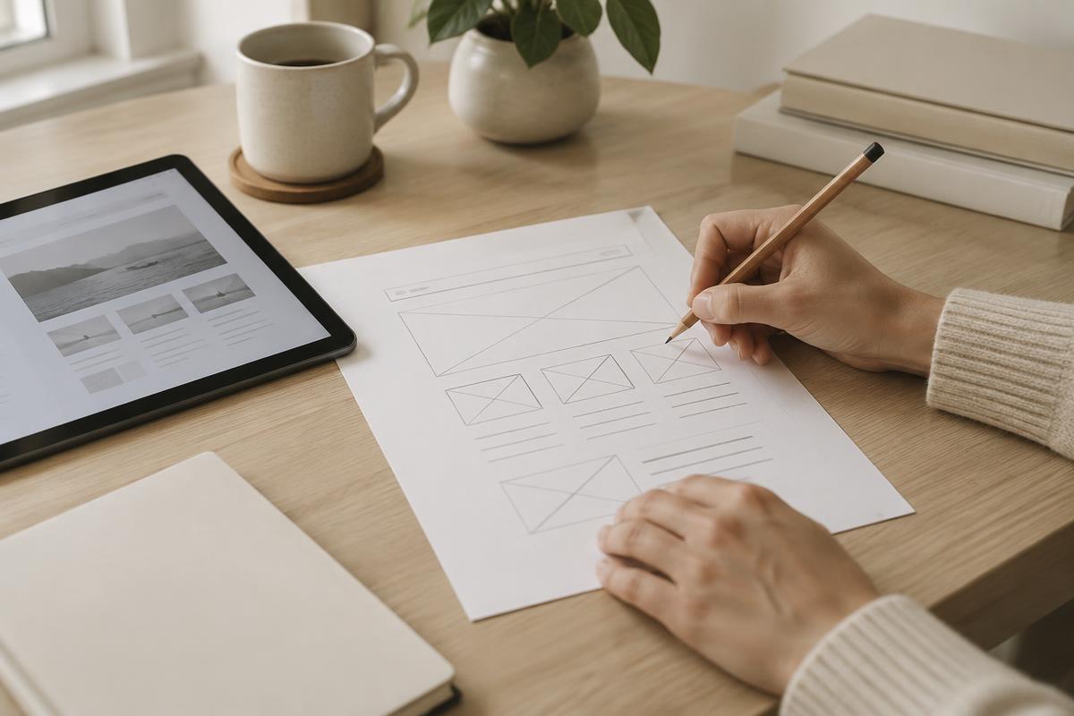 Mãos a desenhar a lápis a estrutura de um site, junto a um tablet